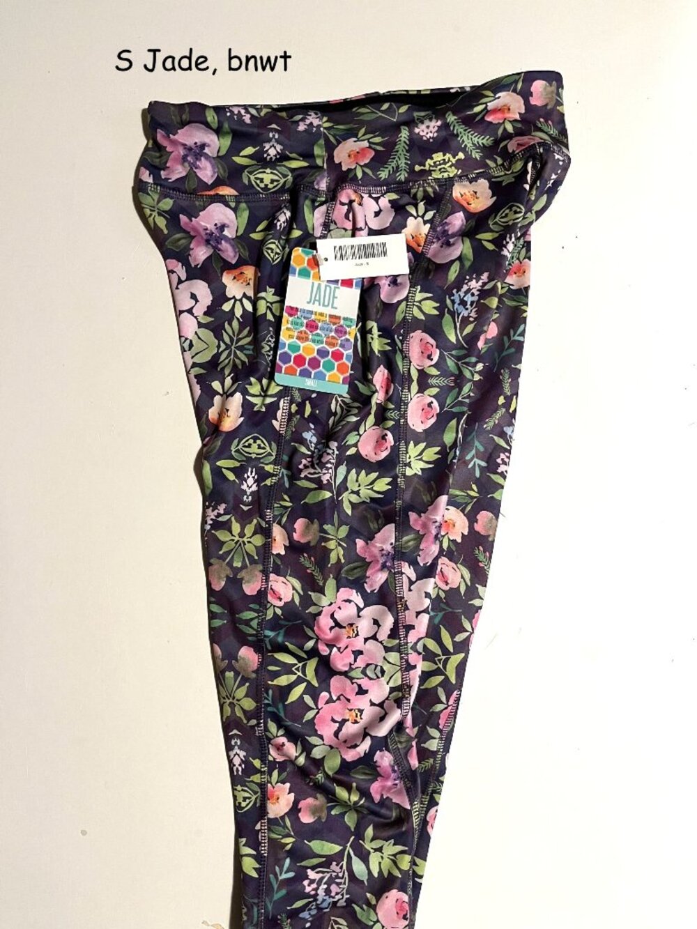 Small Lularoe Jade capri workout pants, purple with pastel flowers